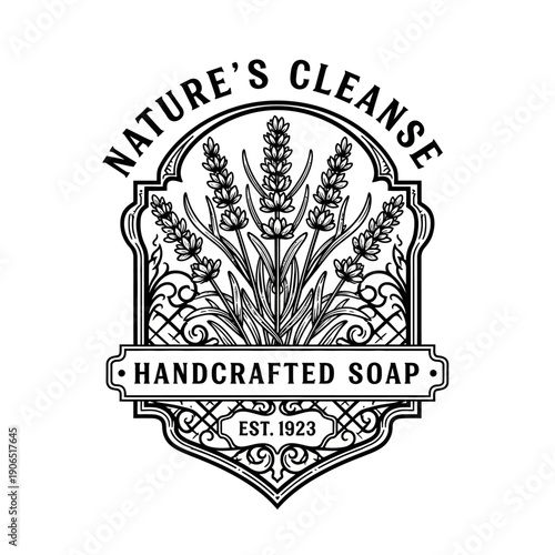 Vintage Handcrafted Soap Label with Lavender Flowers and Ornate Details.
