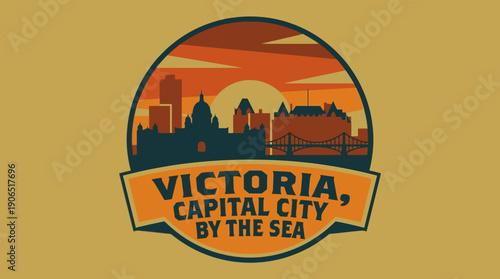 A stylized retro emblem of the Victoria city skyline during sunset, illustrating a travel concept for a capital by the sea