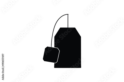 Teabag black silhouette with string and tag, ideal for hot drink concepts, tea packaging or beverage design