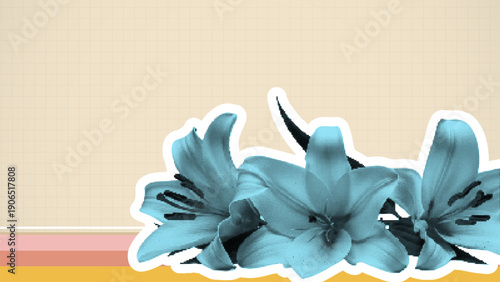 Halftone style blue lily flower close up with dotted texture and white outline on beige grid background minimalistic floral vector art design