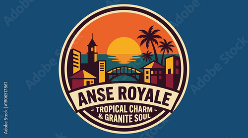 Vibrant tropical sunset over a charming coastal town with palm trees and a picturesque bridge, evoking a serene vacation concept and island getaway