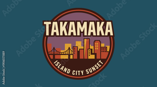 Retro style circular badge with a vibrant city skyline silhouette during an island sunset, featuring a bridge and buildings