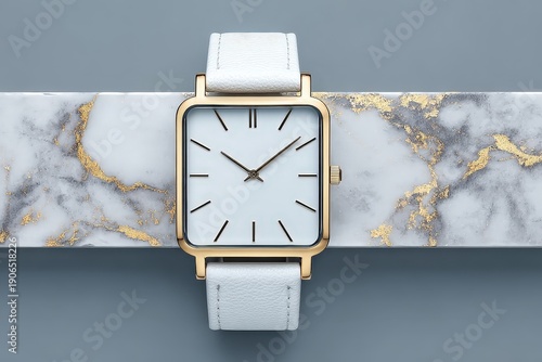 Square Gold Frame White Leather Strap Watch on Marble Surface Modern Elegant Timepiece