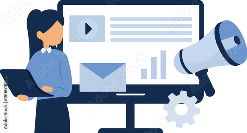 Digital Marketing People Create Digital Ads, Promote Business Online Illustration