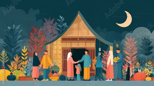 A warm gathering outside a traditional home, under the moonlight. People are dressed in vibrant attire, extending hands in greeting or offering gestures, fostering a sense of community.