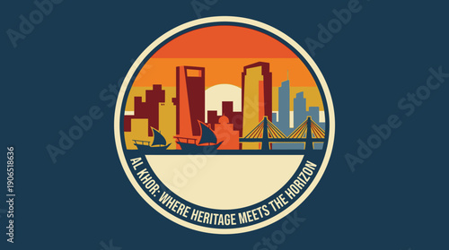 Al Khor city travel sticker design featuring a modern waterfront skyline with traditional dhow boats and a vibrant sunset