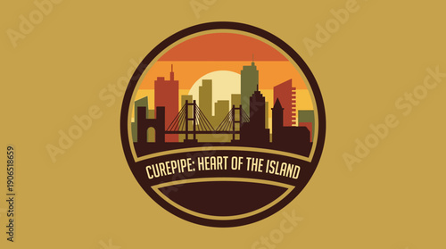 Downtown Cityscape Silhouette with Sunset and "CUREPIPE HEART OF THE ISLAND" Text Emblem