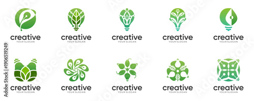 Set of Light Bulb Leaf logo collection for Sustainable Energy and Tech Nature Innovation. Geometric abstract icon vector green gradient color.