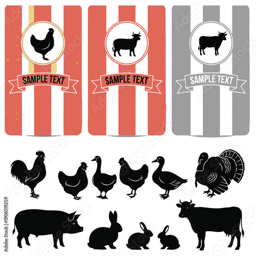 Collection of farm animal silhouettes on striped background banners with sample text and various poultry and livestock illustrations