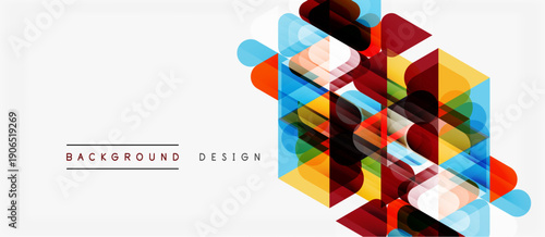 Abstract geometric shapes overlap, creating vibrant colorful design. Minimalist style with text elements below central graphic.