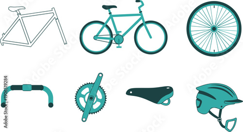 Bicycle, parts, set, cycling, equipment, frame, wheel, helmet, saddle, gear, sport, vector, illustration, transport, ride, component, urban, collection, design, kit