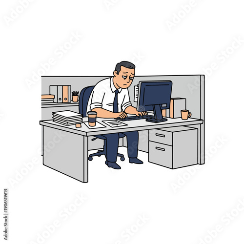 Tired Exhausted Businessman Working in Office Cubicle Illustration