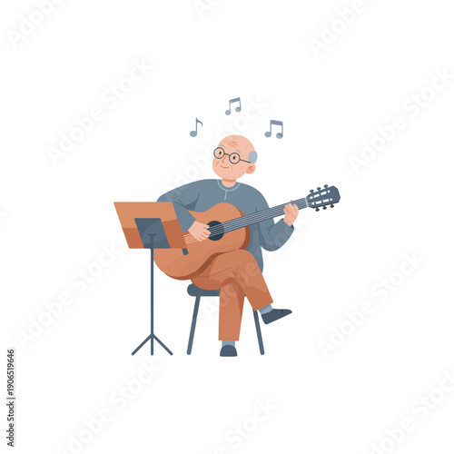 Elderly Man Playing Acoustic Guitar with Music Stand Illustration