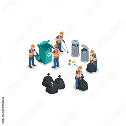 Isometric Sanitation Workers Collecting Garbage and Managing Waste