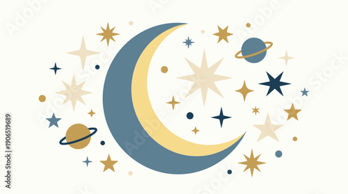Celestial dreamscape featuring a crescent moon and sparkling stars, perfect for cosmic and fantasy themes
