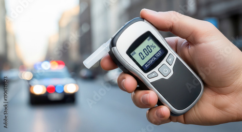 Hand holding a breathalyzer device displaying 0.00% alcohol level with police car lights flashing in the background on a city street