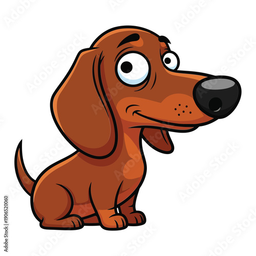 A cartoon dachshund with a curious expression sits on the floor, viewed from the side with a plain background.