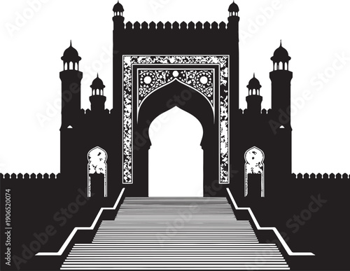 Lahore Gate Silhouette: A dramatic silhouette of a historic gate, showcasing intricate architectural details and leading to an unknown path, evoking a sense of history and mystery.