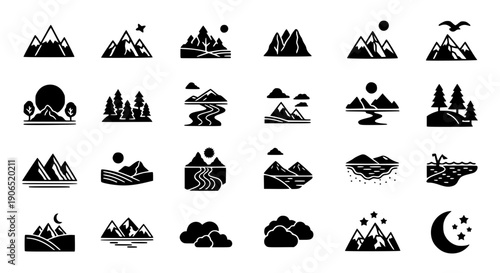 Set of minimalist mountain peaks and nature landscape icons featuring silhouette hills rivers clouds and sun for outdoor adventure travel and logo design