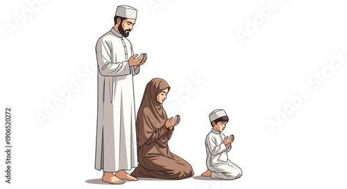 Muslim Family Praying Together Father Mother and Son