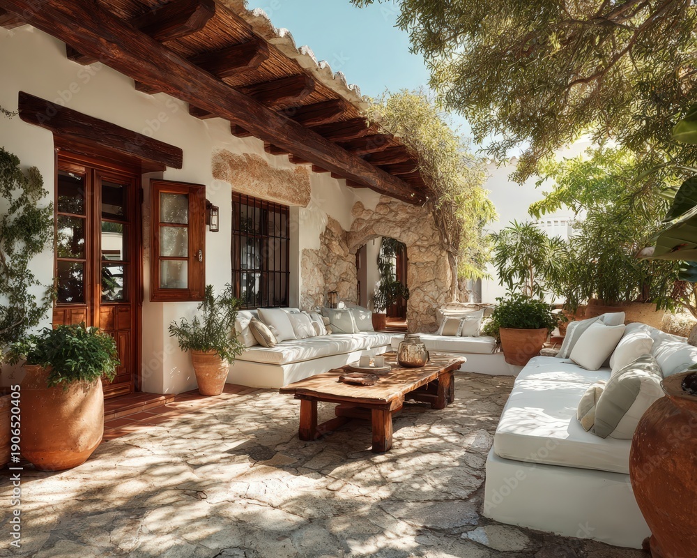 Fototapeta premium Mediterranean style villa patio offering outdoor summer relaxation
