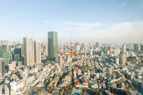 High-angle view of Tokyo cityscape featuring Tokyo Tower rising among modern skyscrapers and dense urban buildings. Captured in daylight with a clear blue sky, this image represents modern Japan, 