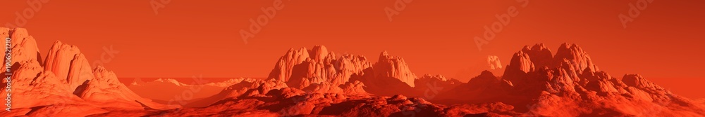 Fototapeta premium Mars at sunset, panorama of Mars, alien landscape, a panorama of a surface of another planet, 3D rendering