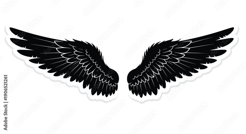 Obraz premium A pair of black wings with detailed feather textures isolated on white