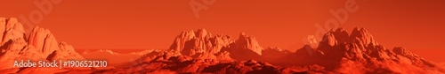 Mars at sunset, panorama of Mars, alien landscape, a panorama of a surface of another planet, 3D rendering