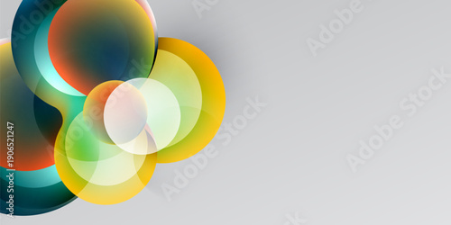 Abstract colorful bubbles overlap, creating vibrant visual effect. Gradient shades transition smoothly across shapes. Minimalist design.