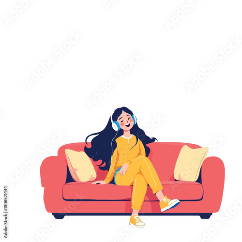 Young girl relaxing on couch listening music