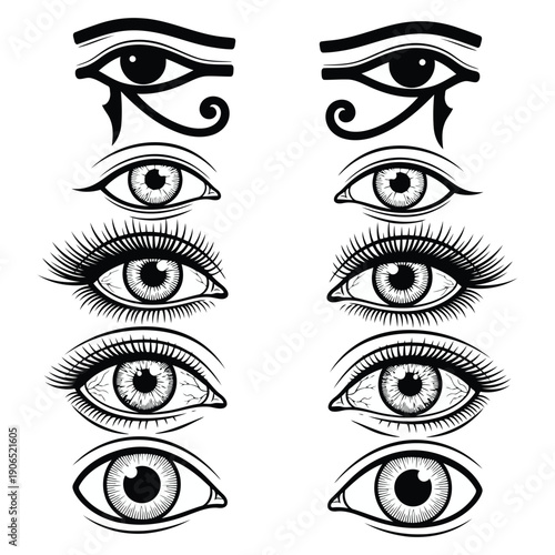 Collection of diverse hand-drawn human eyes and eyebrows from various viewpoints and styles