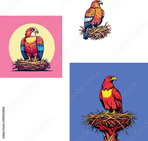 Colorful predatory bird perching on nest illustration