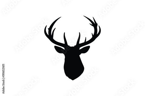 Deer head silhouette with large antlers isolated on white background for hunting and wildlife nature concepts