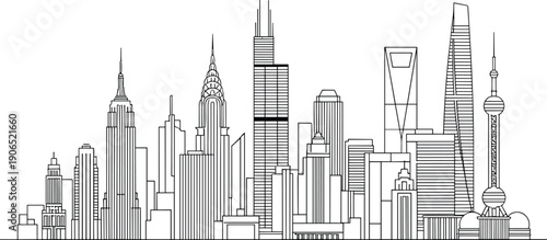Diverse City Skylines Outline Vector Art, Iconic Buildings Montage, Global Architecture