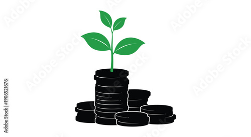 A green plant sprouting from a stack of black coins