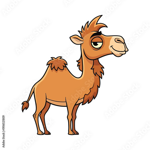 Cartoon camel standing alone in a desert landscape from a side viewpoint