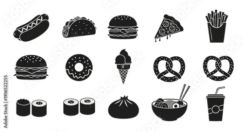 Collection of popular fast food and snack icons in silhouette style.