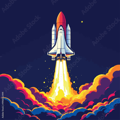 Space shuttle rocket launching into dark blue sky