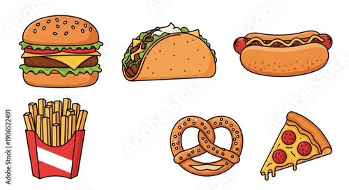 Collection of popular fast food items illustration.