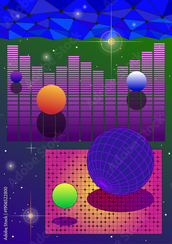 1980s Posters Style Illustration. Retro Party Placards Background, 1980s Colors and Shapes, Vintage Graphic Design 