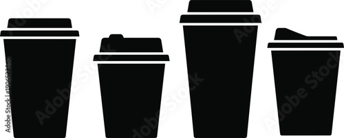 Black takeaway coffee cup silhouettes set isolated on white background for cafe beverage packaging icon illustration design