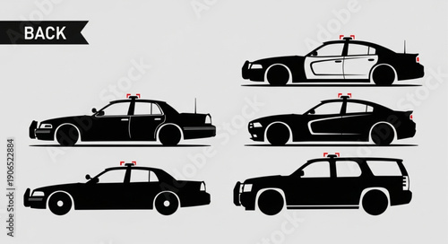 Collection of police car silhouettes in profile view.