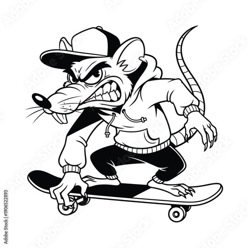 A cartoon rat wearing a baseball cap and clothes skateboarding down the street with a fierce expression