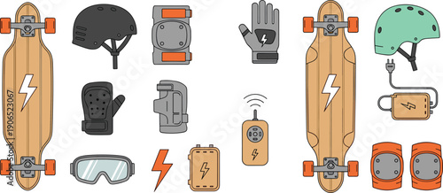 Electric, skateboard, gear, accessories, helmet, safety, remote, battery, longboard, equipment, protective, sport, vector, illustration, mobility, ride, urban, transport, set, collection