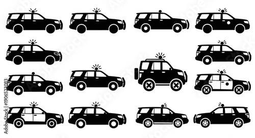 Collection of Police SUV Silhouettes with Lights.