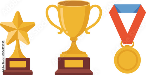Gold trophy cup star award and medal icons isolated on white background for achievement victory success illustration design
