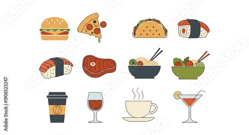 Collection of popular fast food and drink icons.
