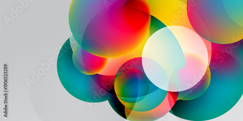 Abstract colorful circles overlap, creating vibrant gradients. Background contrasts dark, light areas. Modern design element.
