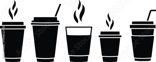 Black coffee cup silhouettes set with steam isolated on white background for cafe beverage takeaway icon illustration design